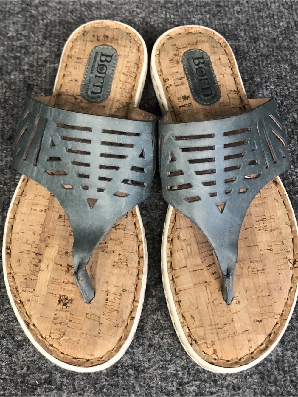 Born Teal Laser-Cut Leather Cork Thong Sandals